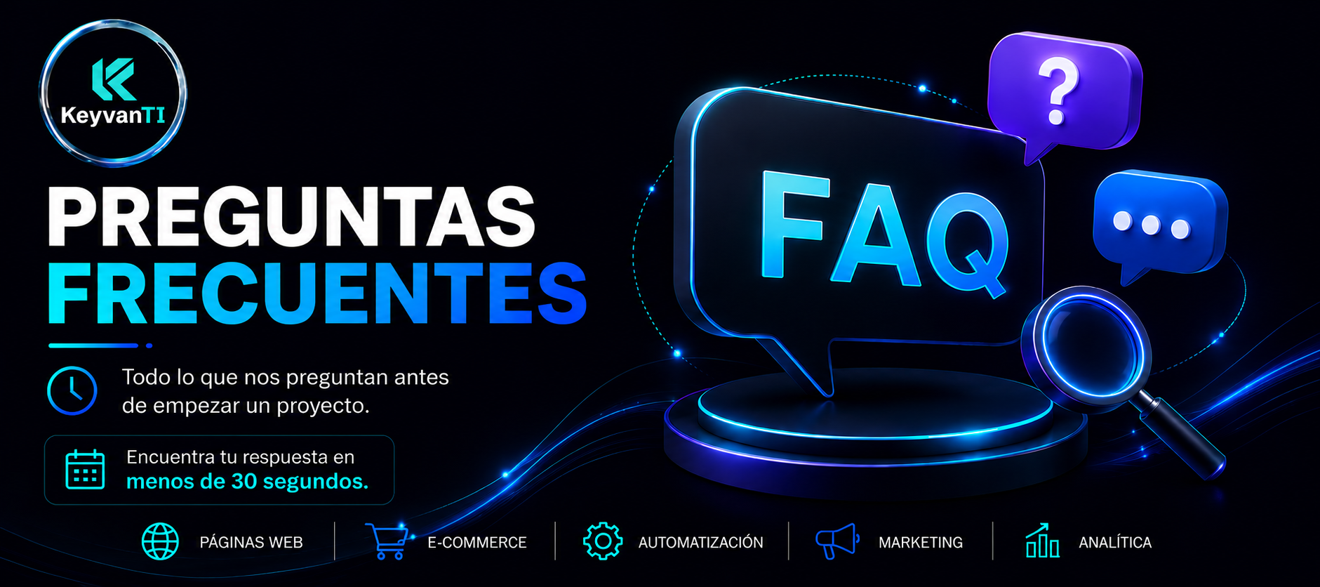 Preguntas frecuentes de KeyvanTI: respuestas sobre servicios, proceso, inversión, plazos y soporte post-entrega.